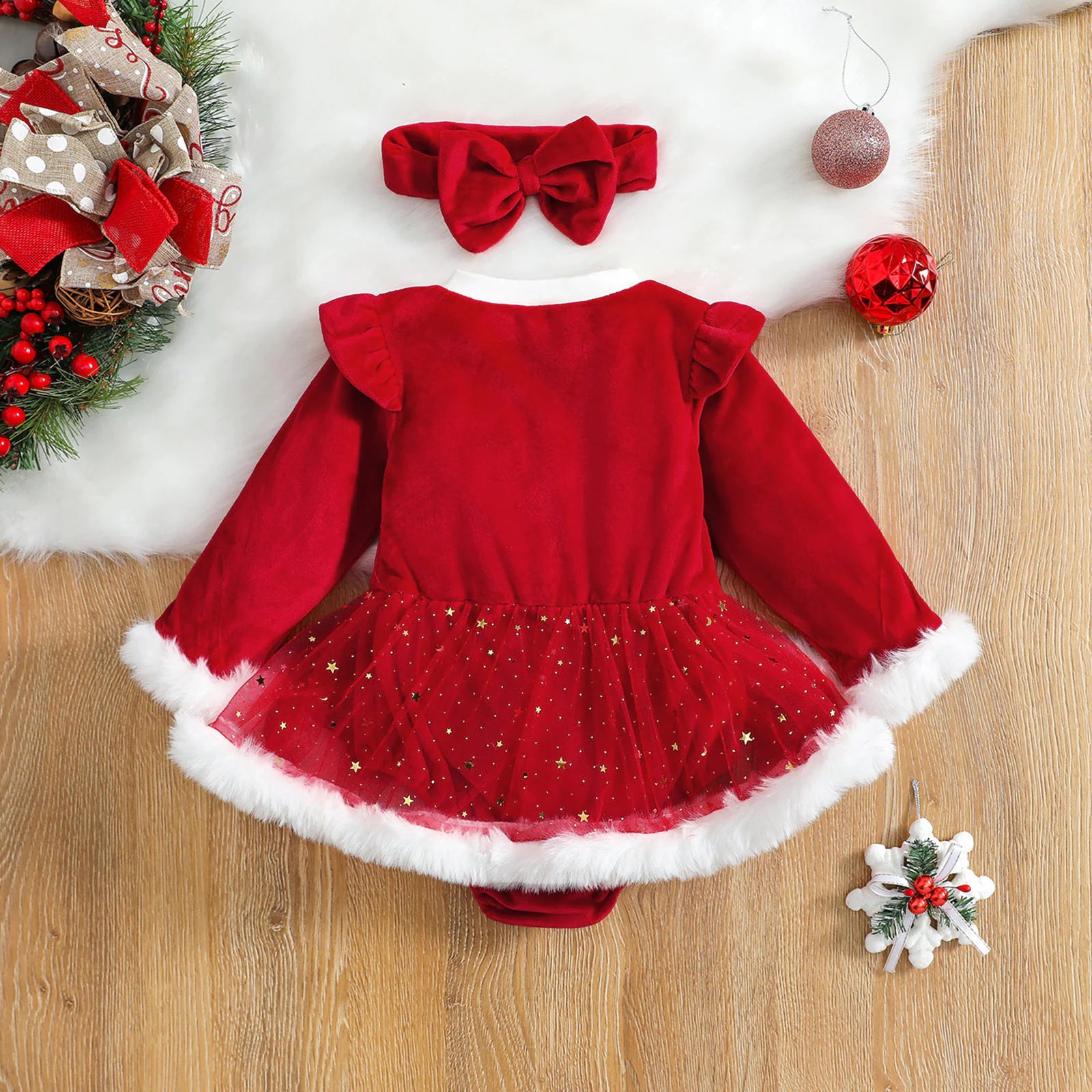 Baby Girl Christmas Romper with Sequin Skirt & Headband